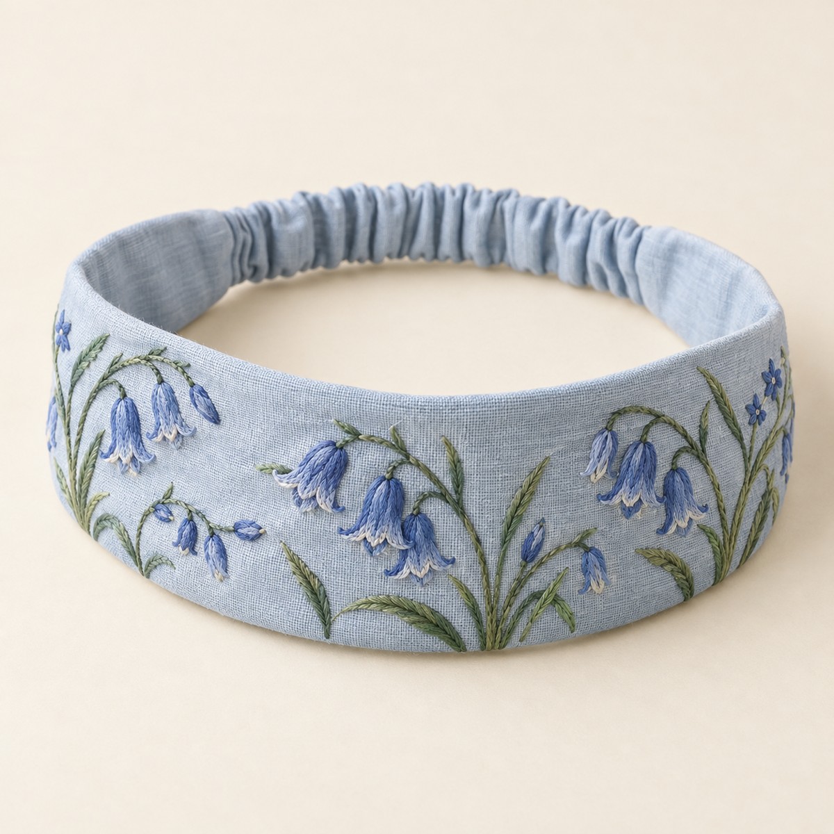 Pale blue Bluebell Morning, embroidered cloth headband