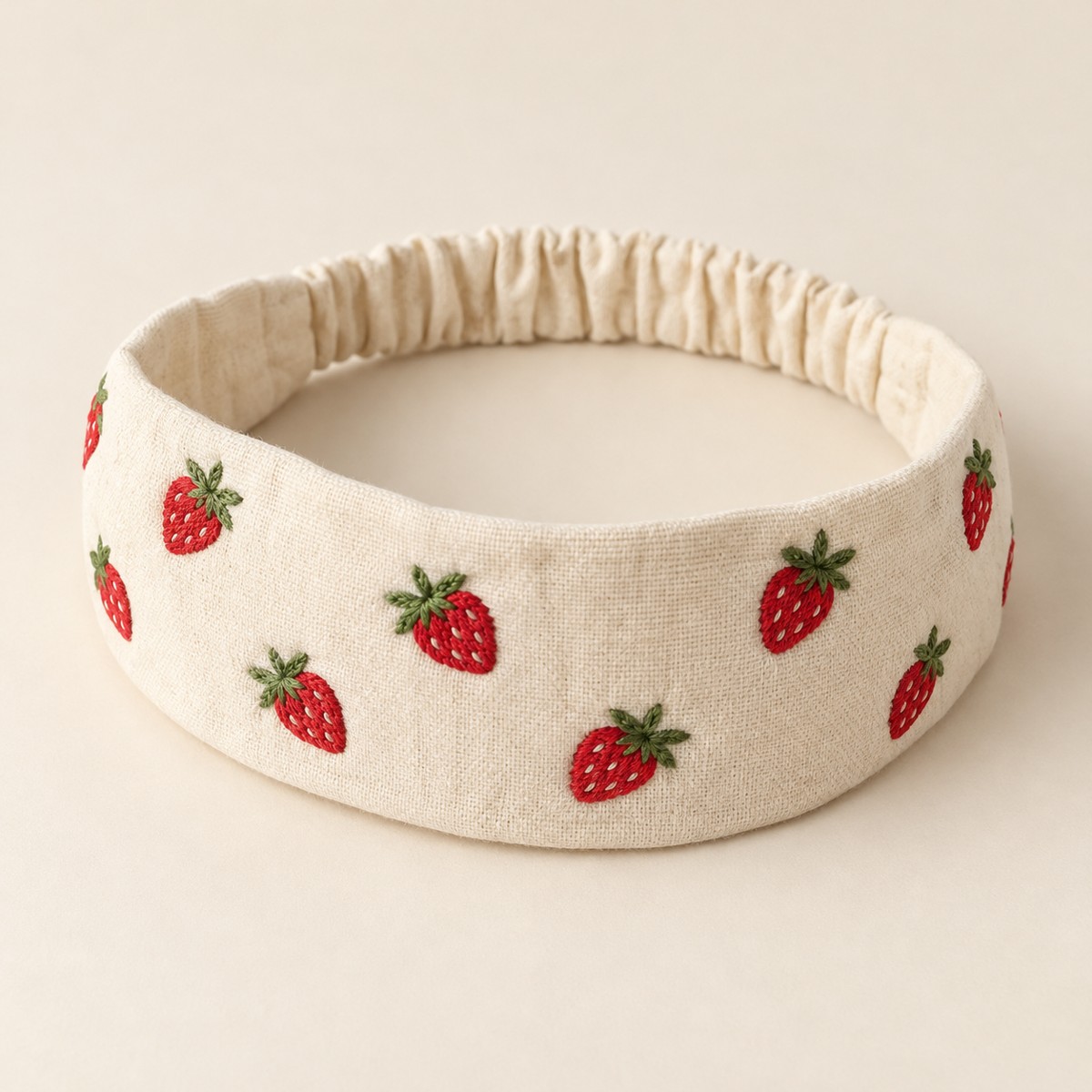 Cream Strawberry Picnic, embroidered cloth headband